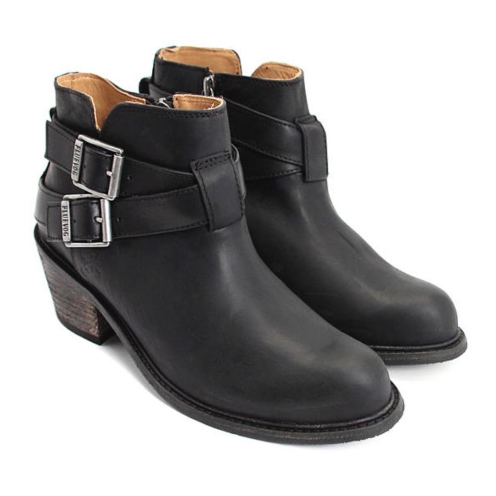 Fluevog Adriana Alana black two-buckle leather ankle boots